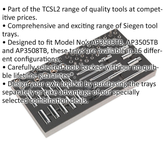 62 Piece 3/8" Sq Drive Socket Set with Tool Tray - Tool Box Tray Tidy Storage Loops