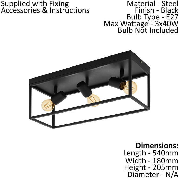 Flush ceiling Light Colour Black Open Metal Frame Box & Holders Bulb E27 3x40W Loops