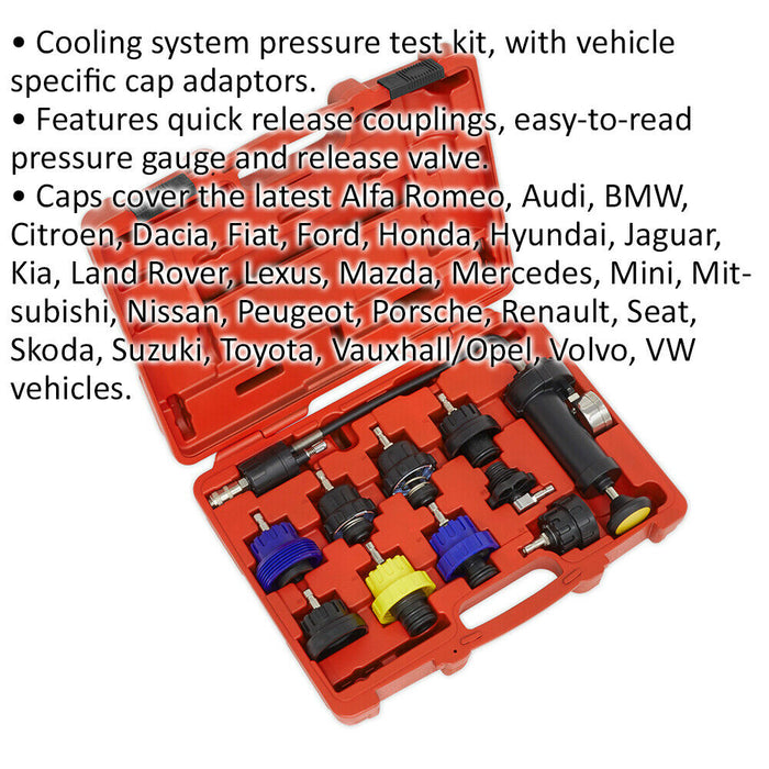 10 Piece Cooling System Pressure Test Kit - Vehicle Specific Caps - Car Testing Loops