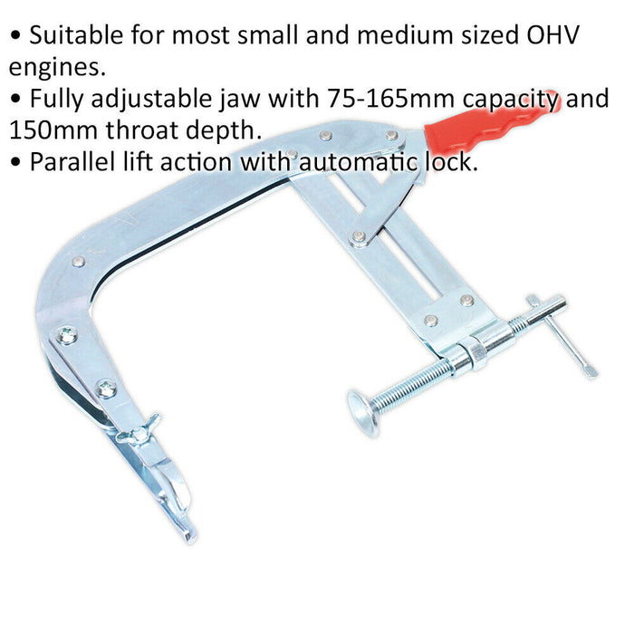 OHV Valve Spring Compressor - Adjustable 75 to 165mm Capacity Jaw - 150mm Throat Loops