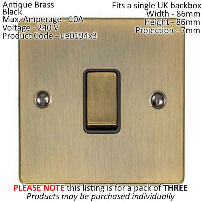 3 PACK 1 Gang Single Metal Light Switch ANTIQUE BRASS 2 Way 10A Black Trim Loops
