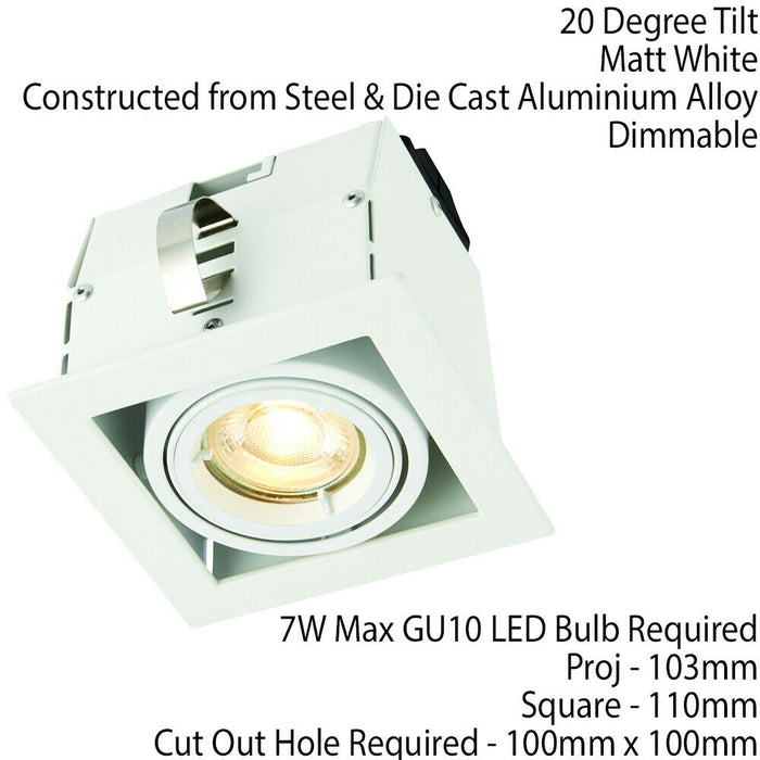Single Square Adjustable Head Ceiling Spotlight Matt White GU10 7W Box Downlight Loops