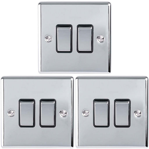 3 PACK 2 Gang Double Metal Light Switch POLISHED CHROME 2 Way 10A Black Trim Loops