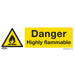 1x DANGER HIGHLY FLAMMABLE Safety Sign - Rigid Plastic 300 x 100mm Warning Loops