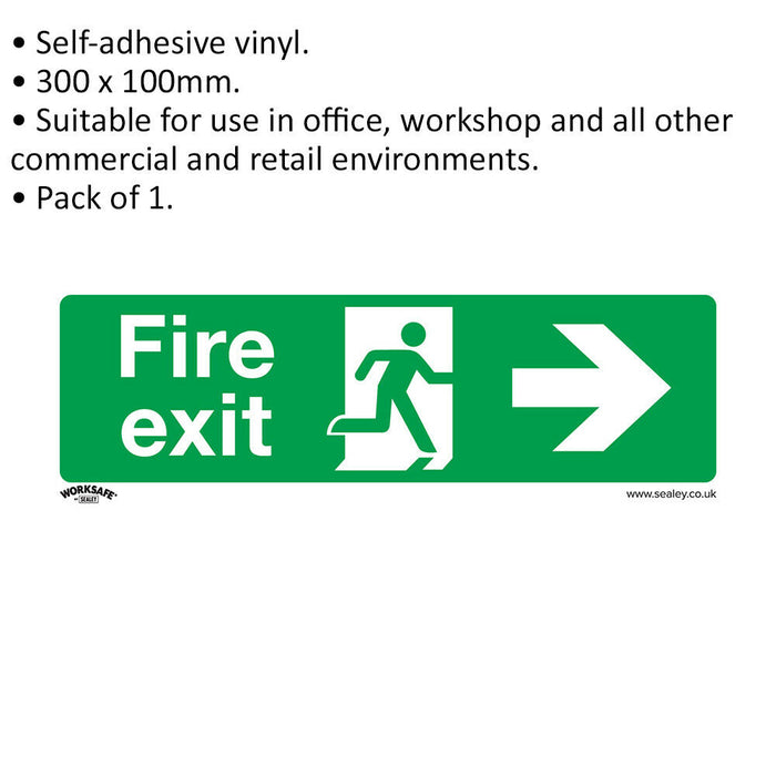 1x FIRE EXIT (RIGHT) Health & Safety Sign - Self Adhesive 300 x 100mm Sticker Loops