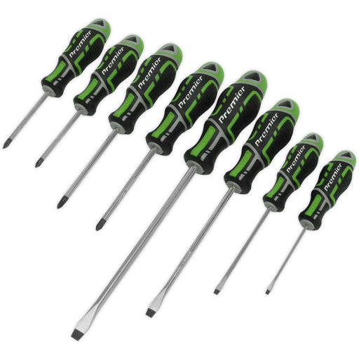 8 PACK Premium Soft Grip Screwdriver Set - Slotted & Phillips Various Size GREEN Loops