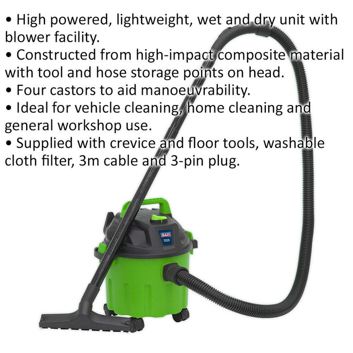 1000W Wet & Dry Vacuum Cleaner - 10L Drum - Blower Facility - High-Vis Green Loops
