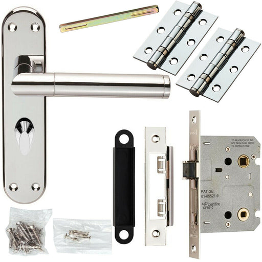 Door Handle & Bathroom Lock Pack Chrome Straight Round Bar Thumb Turn Backplate Loops