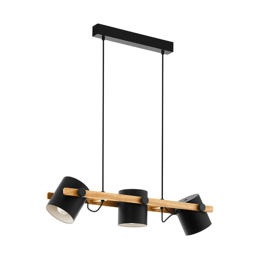 Hanging Ceiling Pendant Light Black & Wood Adjustable Spots 3 x 60W E27 Bulb Loops