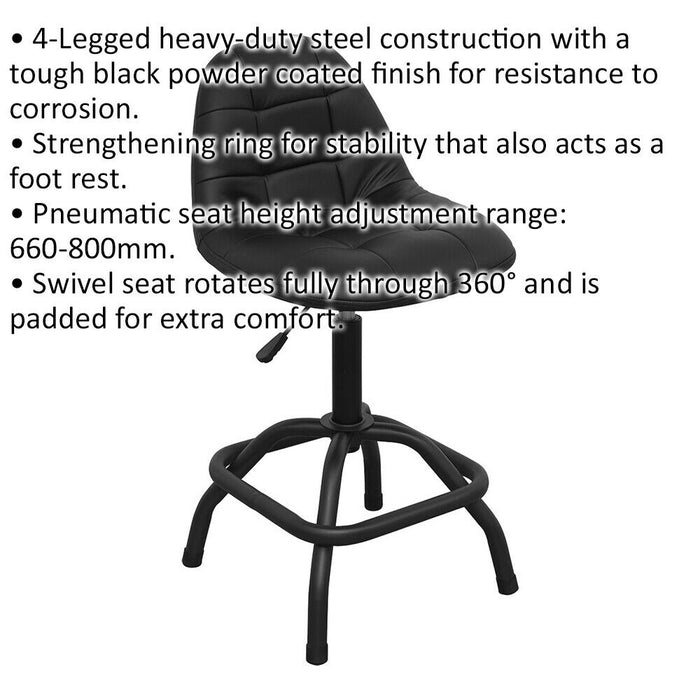 Pneumatic Workshop Stool - Adjustable Height - Swivel Seat With Back Rest Loops