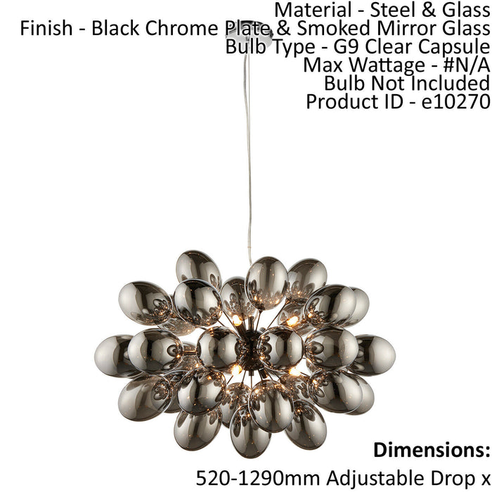 Ceiling Pendant Light Black Chrome Plate & Smoked Mirror Glass 8 x 28W G9 Loops