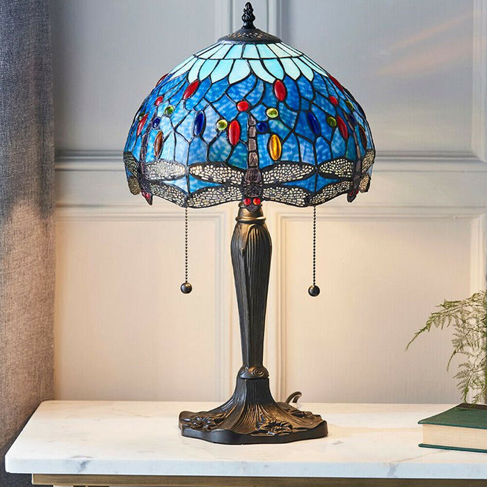 Tiffany Glass Table Lamp Light Dark Bronze Base & Blue Dragonfly Shade i00193 Loops