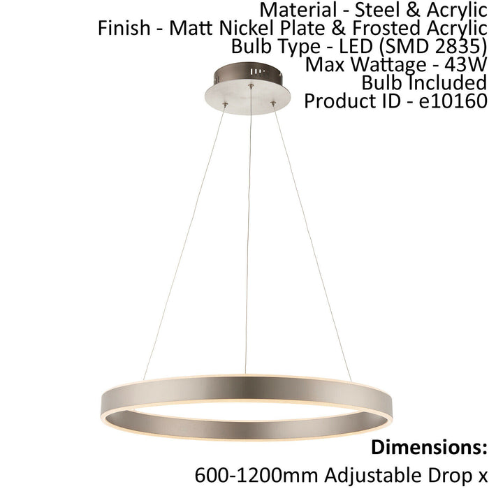 Ceiling Pendant Light Matt Nickel & Frosted Acrylic 43W LED Bulb Included Loops