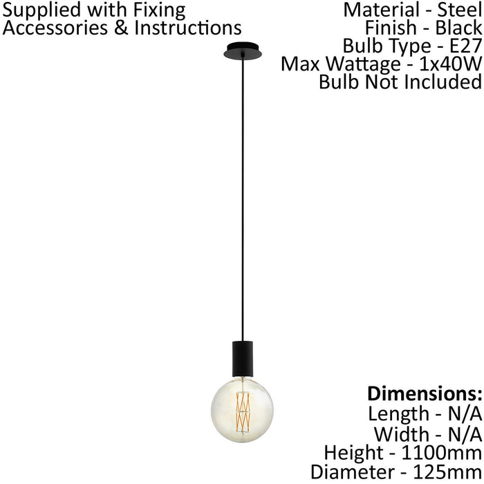 Pendant Ceiling Light Colour Black Single Shade Long Length Cable E27 1x40W Loops