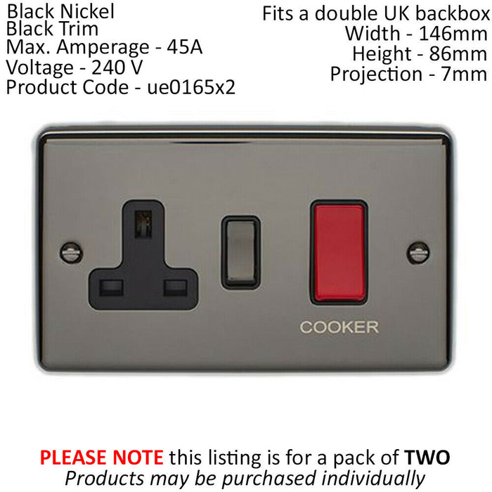 2 PACK 45A DP Oven Switch & Neon Appliance Light BLACK NICKEL & Black Trim Loops