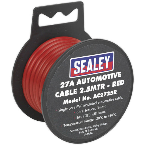 Red 27A Thick Wall Automotive Cable - 2.5m Reel - Single Core - PVC Insulated Loops