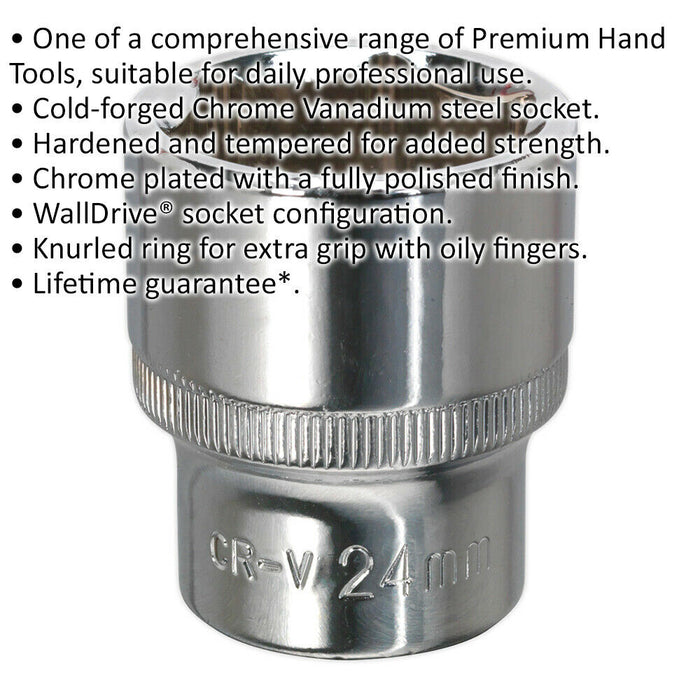 24mm Forged Steel Drive Socket - 1/2" Square Drive - Polished Chrome Vanadium Loops