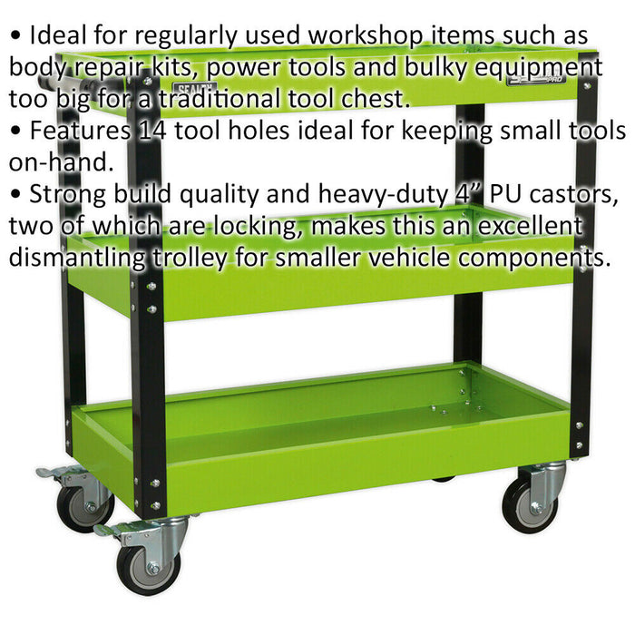 Heavy Duty 3 Level Workshop Trolley - 160kg Capacity - Locking Castors - Green Loops