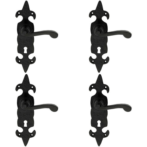 4x PAIR Forged Scroll Lever Handle on Lock Backplate 206 x 57mm Black Antique Loops