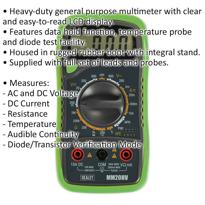 8 Function Digital Multimeter with Thermocouple - Leads & Probes - High Vis Loops