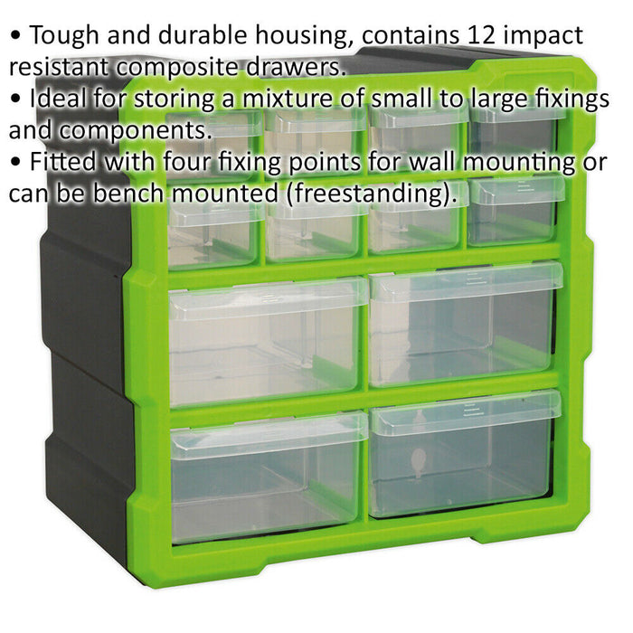 260 x 160 x 265mm 12 Drawer Parts Cabinet - GREEN - Wall Mounted / Standing Box Loops
