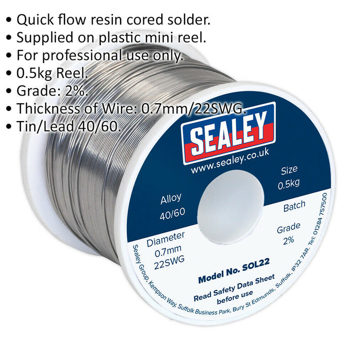 0.5kg Quick Flow Solder Wire Cable Reel Drum - 0.7mm 22SWG - 40/60 Tin/Lead Loops