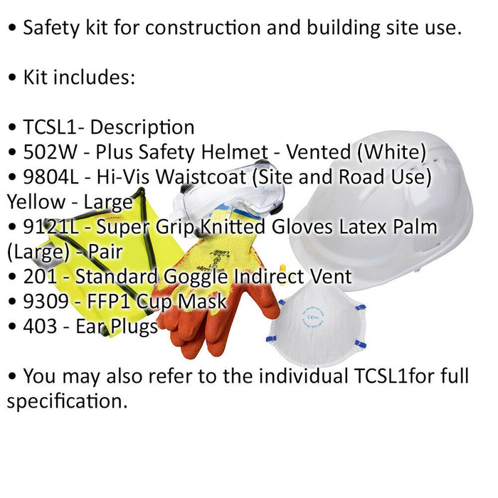 SITE PPE PACK - LARGE Hi-Vis Waistcoat - Hard Hat - Grip Gloves - Goggles & Mask Loops