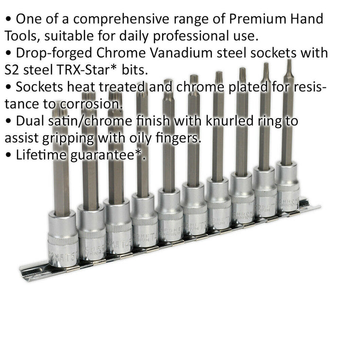 10pc TRX Star Socket Bit Set 3/8" Square Drive - T10 to T50 - 100mm Long Shaft Loops