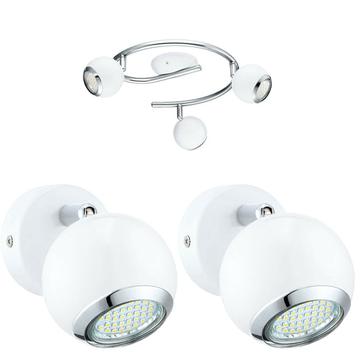 Ceiling Spot Light & 2x Matching Wall Lights White Chrome Round Adjustable Lamp Loops