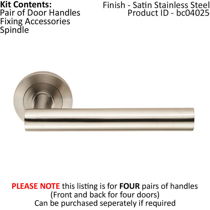 4x Straight Round Bar Handle on Round Rose Concealed Fix Satin Stainless Steel Loops