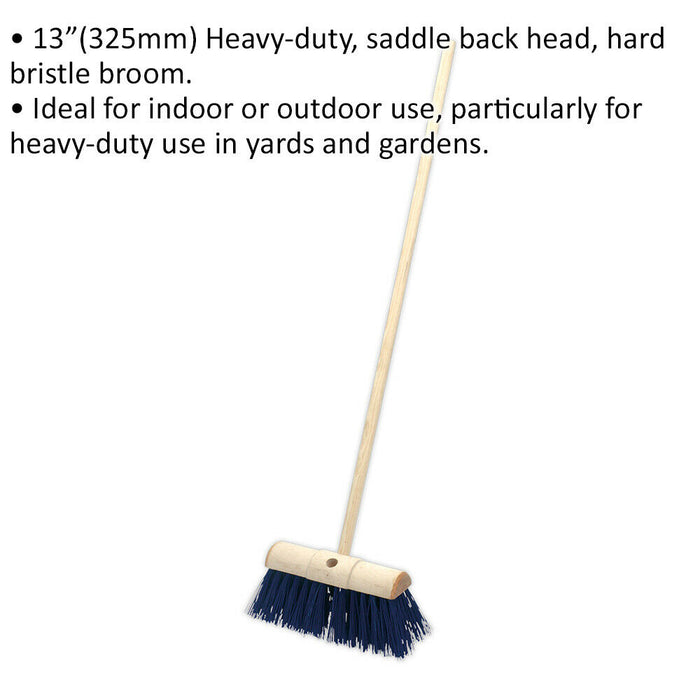 Heavy Duty Hard Bristle Yard Broom - 325mm Saddle Back Brush Head Wooden Handle Loops