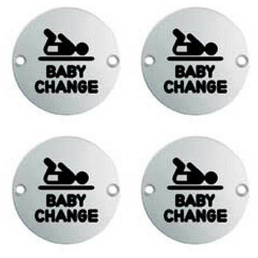 4x Bathroom Door Baby Change Sign 64mm Fixing Centres 76mm Dia Polished Steel Loops