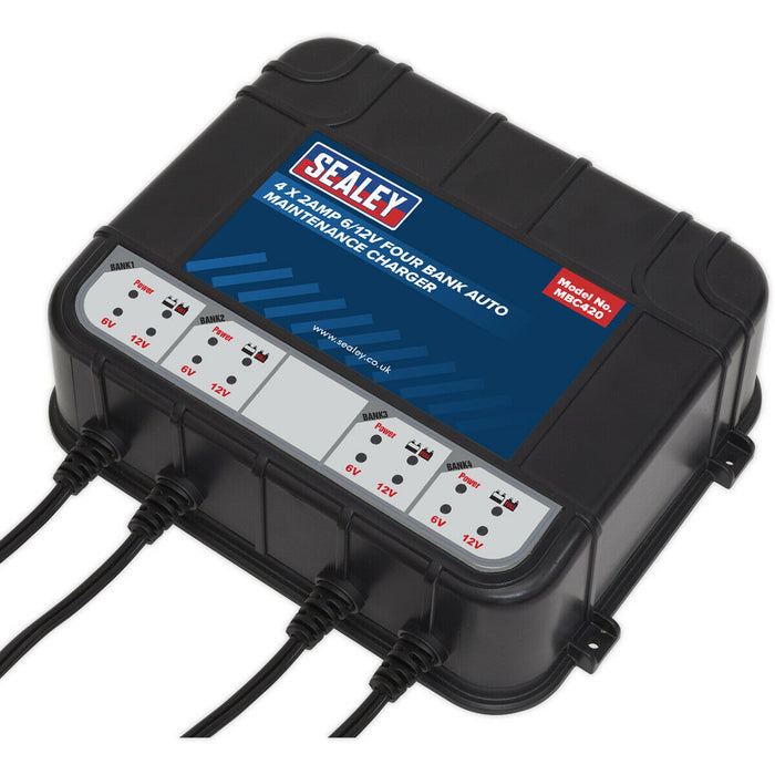 Four Bank Auto Maintenance Charger - 6V & 12V - Compact Battery Charger - 4 x 2A Loops