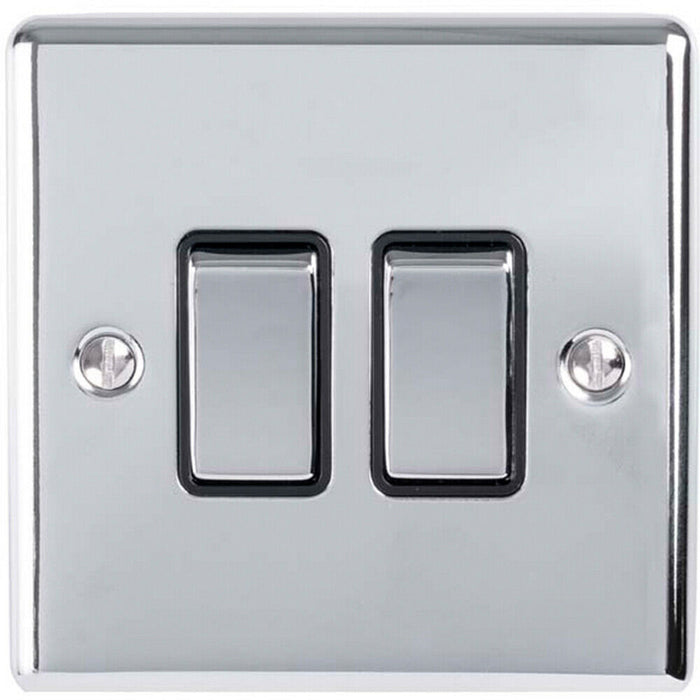 3 PACK 2 Gang Double Metal Light Switch POLISHED CHROME 2 Way 10A Black Trim Loops
