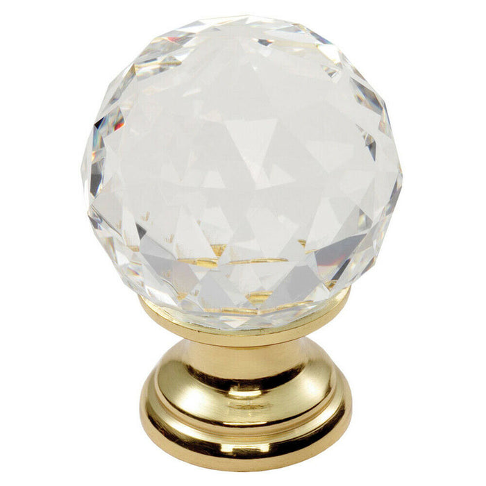 Faceted Crystal Cupboard Door Knob 25mm Dia Polished Brass Cabinet Handle Loops