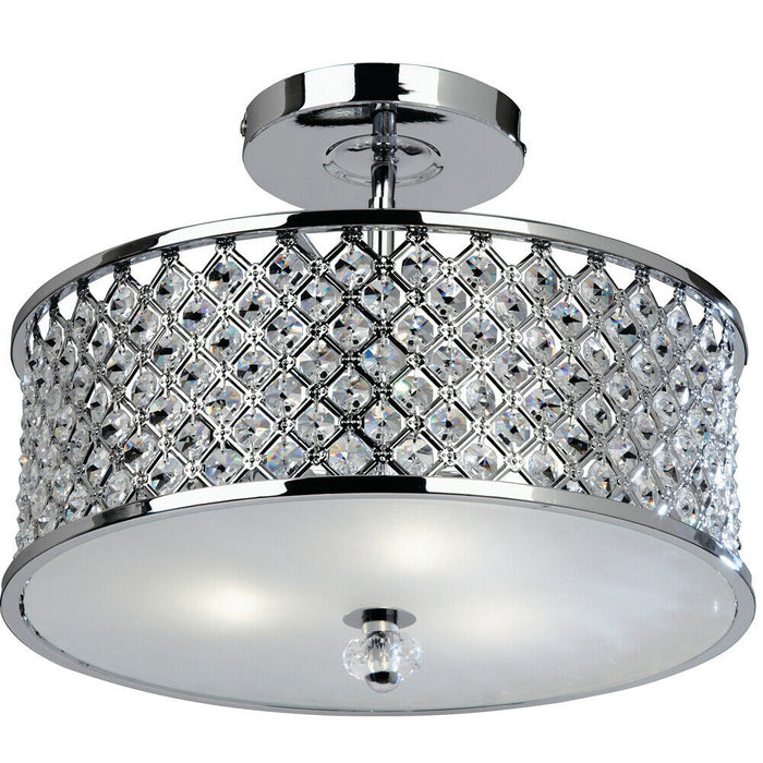 Semi Flush Ceiling Light Chrome & Crystal 3 Bulb Large Round Feature Lamp Holder Loops