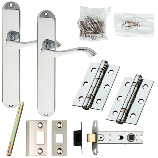 Door Handle & Latch Pack Chrome Victorian Scroll on Tall Backplate 241 x 40mm Loops