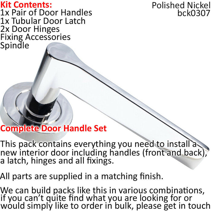 Door Handle & Latch Pack Polished Nickel Straight Lever Screwless Round Rose Loops