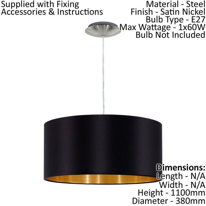 Pendant Light Colour Satin Nickel Steel Shade Black Gold Fabric Bulb E27 1x60W Loops