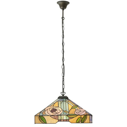 Tiffany Glass Hanging Ceiling Pendant Light Bronze & Square Rose Shade i00155 Loops