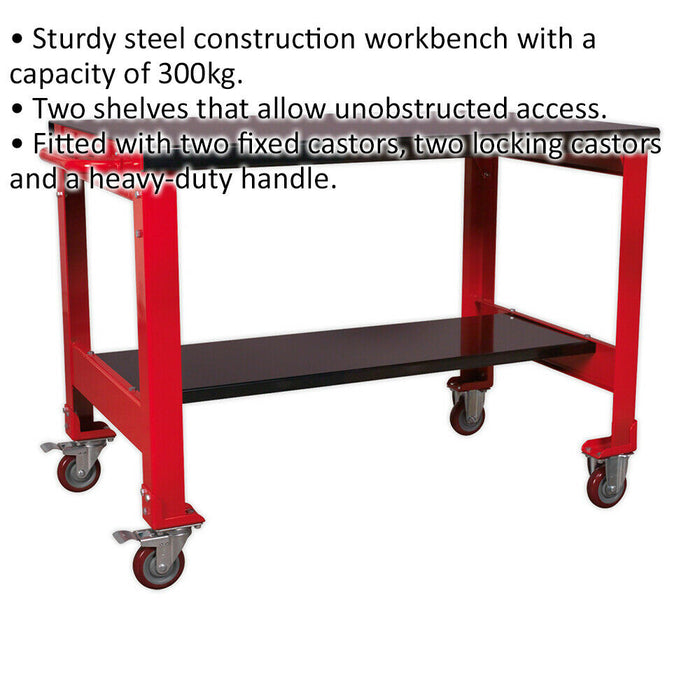 2 Level Mobile Workbench - 300kg Weight Limit - 2 Fixed & 2 Locking Castors Loops