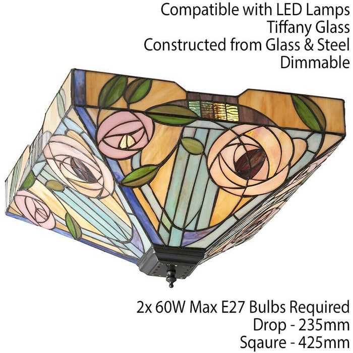 Tiffany Glass Semi Flush Ceiling Light Pink Rose Inverted Square Shade i00062 Loops