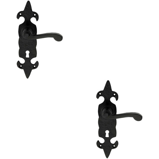 2x PAIR Forged Scroll Lever Handle on Lock Backplate 206 x 57mm Black Antique Loops
