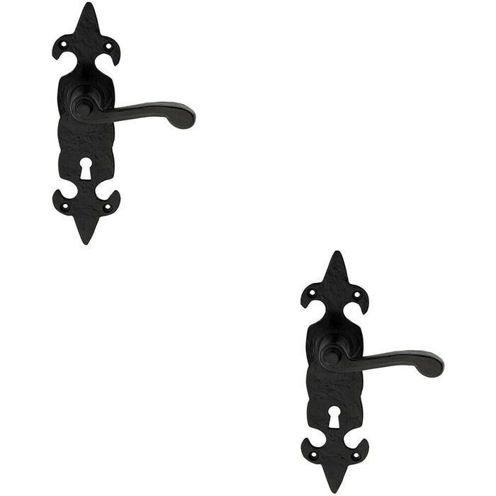 2x PAIR Forged Scroll Lever Handle on Lock Backplate 206 x 57mm Black Antique Loops