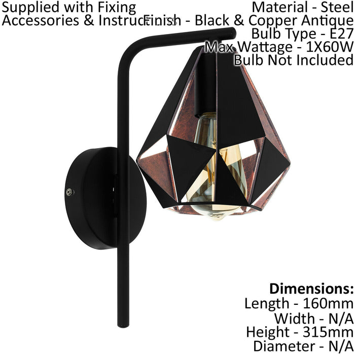 Ceiling Pendant Light & 2x Matching Wall Lights Black Copper Geometric Shade Loops