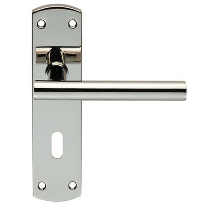 Mitred T Bar Lever Door Handle on Lock Backplate 172 x 44mm Polished Steel Loops