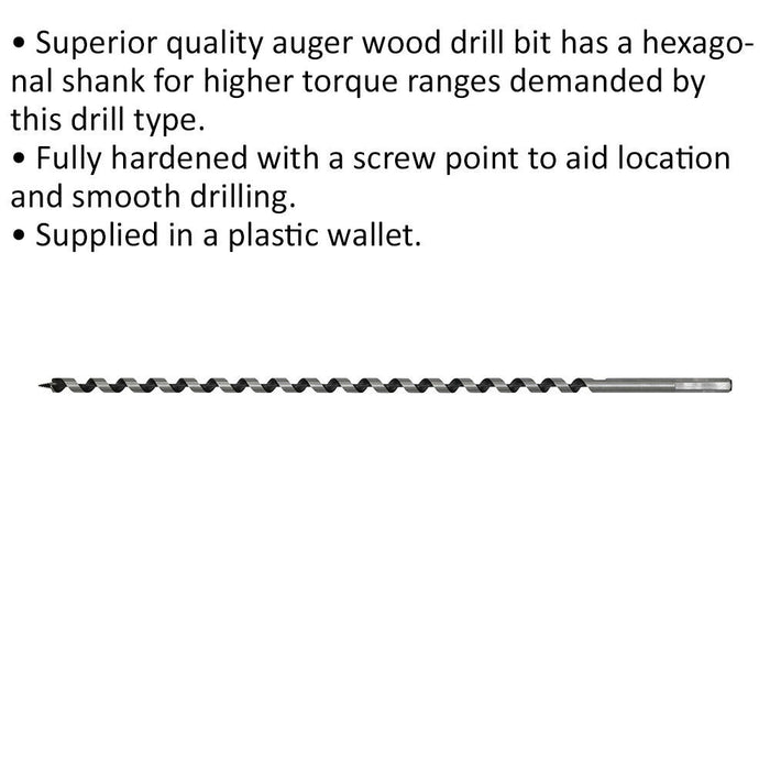 13 x 460mm Hardened Auger Wood Drill Bit - Hexagonal Shank - Woodwork Timber Loops