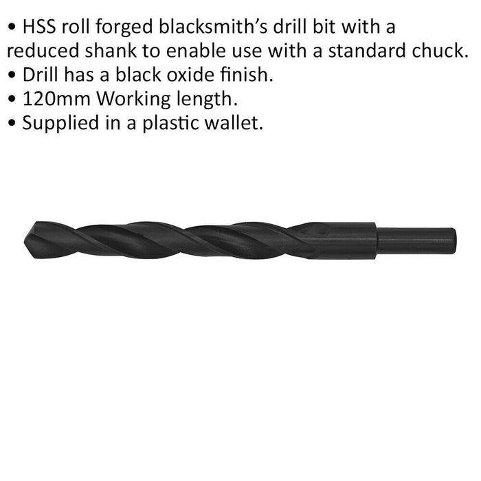 15.5 x 180mm HSS Roll Forged Blacksmith Drill Bit - Reduced Shank - 120mm Flute Loops