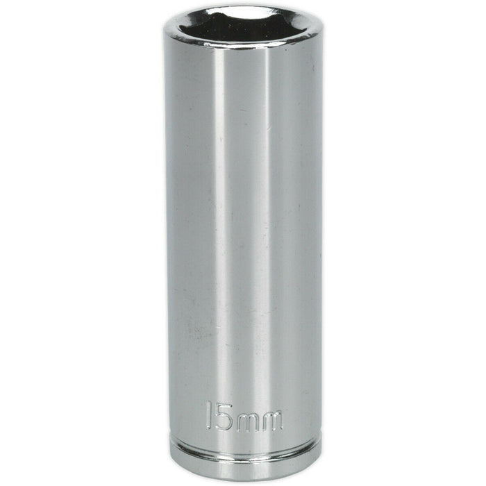 15mm Chrome Plated Deep Drive Socket - 3/8" Square Drive High Grade Carbon Steel Loops