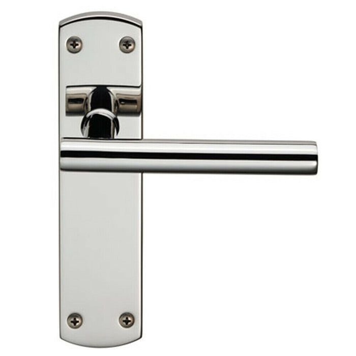 Mitred T Bar Lever Door Handle on Latch Backplate 172 x 44mm Polished Steel Loops